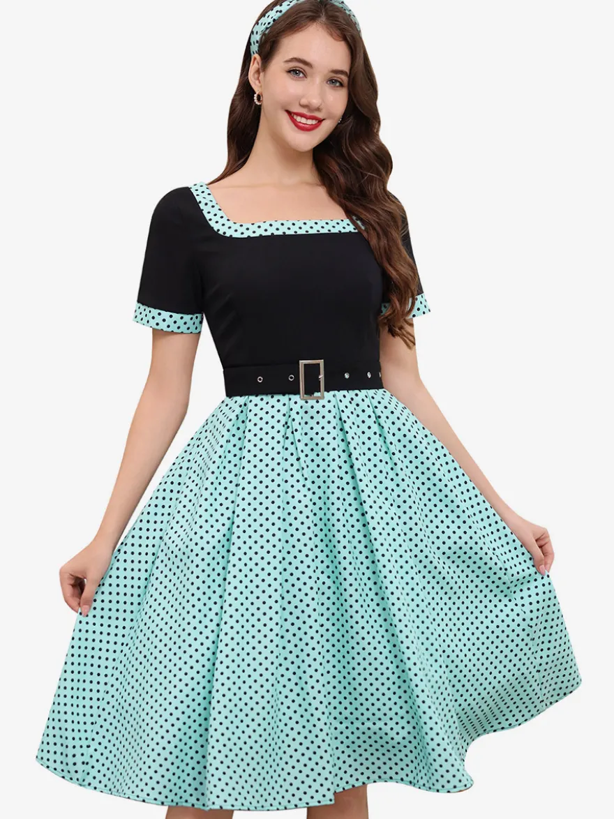 Robe swing vintage années 1950 robe à pois contrastés col carré robe de thé