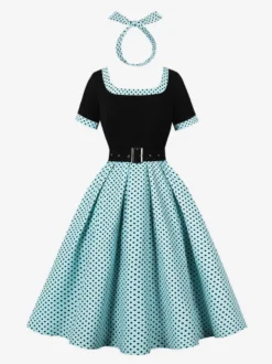Robe swing vintage années 1950 robe à pois contrastés col carré robe de thé
