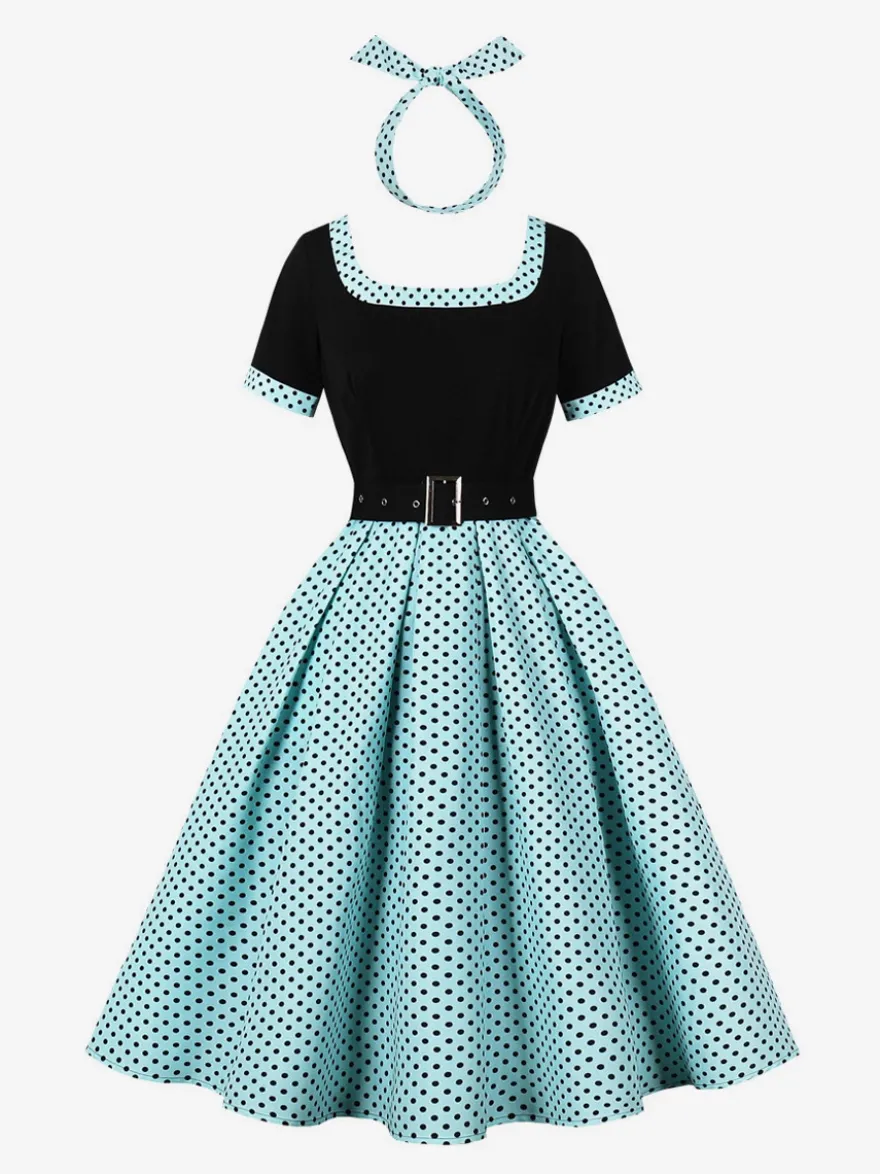 Robe swing vintage années 1950 robe à pois contrastés col carré robe de thé