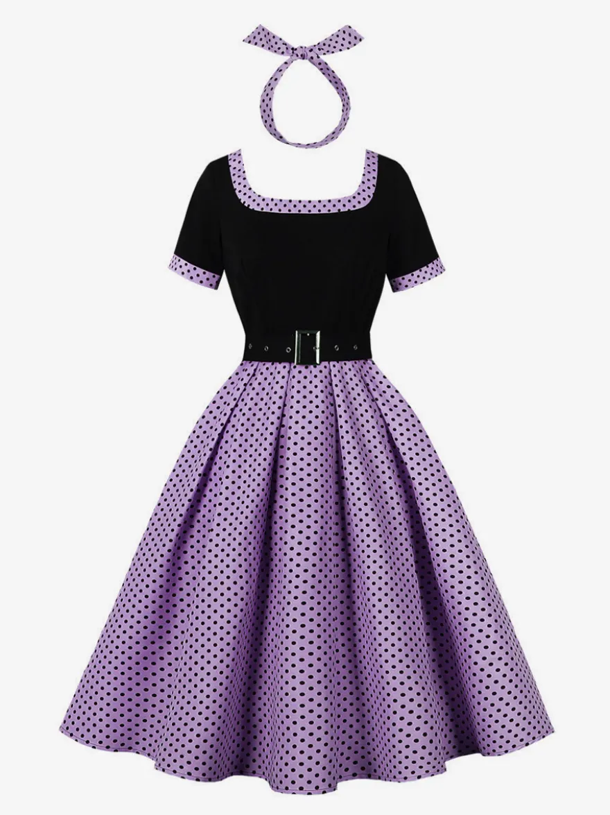 Robe swing vintage années 1950 robe à pois contrastés col carré robe de thé