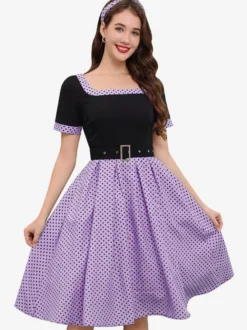 Robe swing vintage années 1950 robe à pois contrastés col carré robe de thé