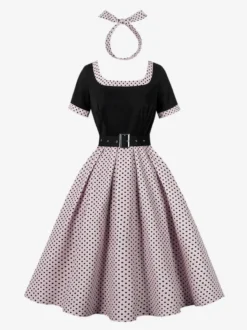 Robe swing vintage années 1950 robe à pois contrastés col carré robe de thé