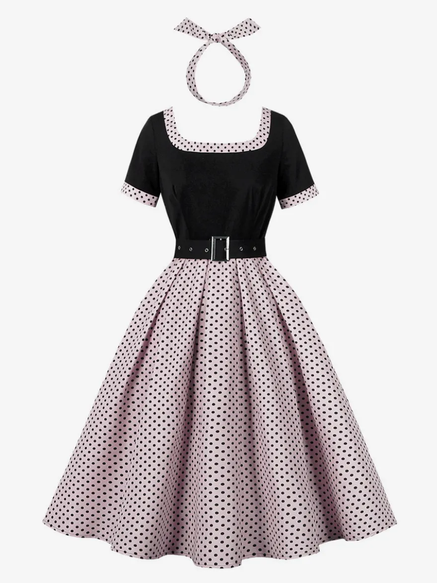 Robe swing vintage années 1950 robe à pois contrastés col carré robe de thé
