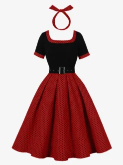 Robe swing vintage années 1950 robe à pois contrastés col carré robe de thé