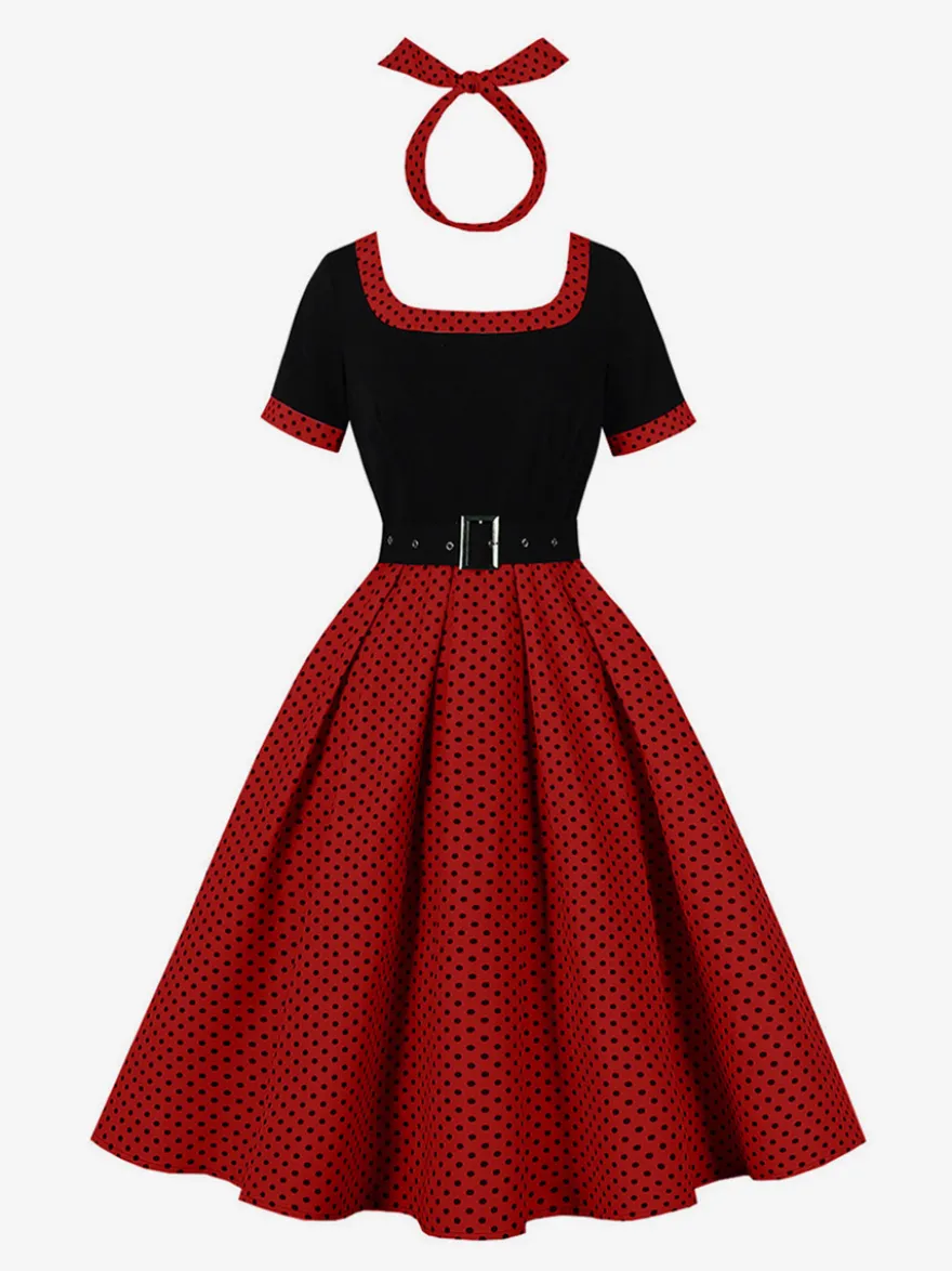 Robe swing vintage années 1950 robe à pois contrastés col carré robe de thé