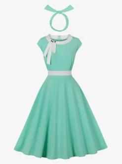 Robe swing vintage pour femme années 1950 ornée de détails contrastés col à nœud idéale pour un tea party.