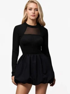 Robe trapèze avec ourlet à bulles col montant manches longues transparente robe courte de fête d'anniversaire pour femmes 2026