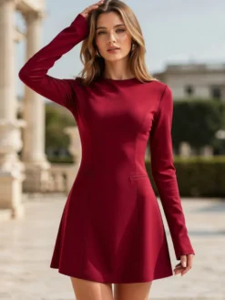 Robe trapèze courte à manches longues et coutures structurées sophistiquées pour femme 2026