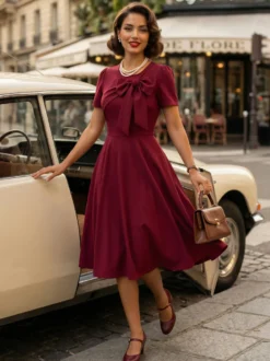 Robe trapèze à manches courtes et col rond ornée d'un nœud sur le côté collection femme 2026