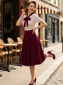 Robe trapèze rétro à pois patchwork col nœud papillon manches courtes collection 2026