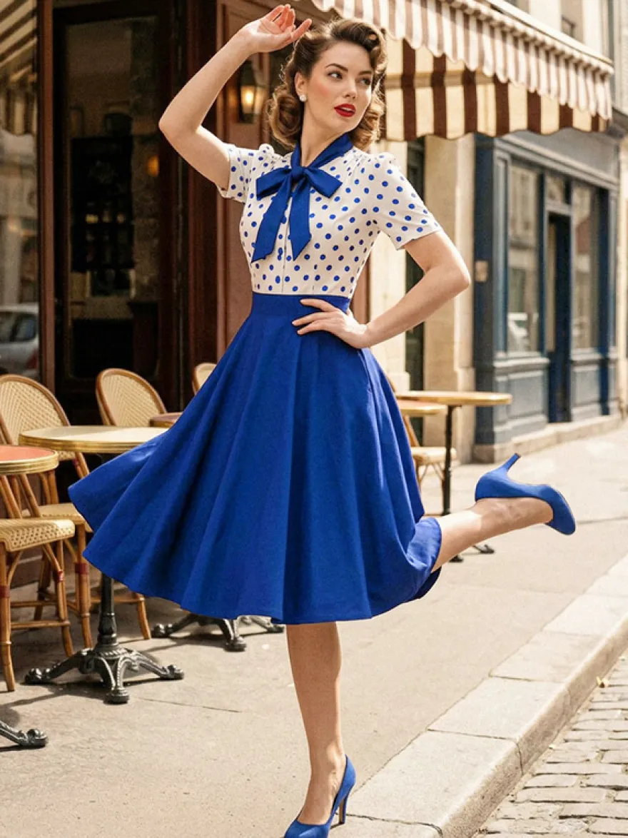 Robe trapèze rétro à pois patchwork col nœud papillon manches courtes collection 2026