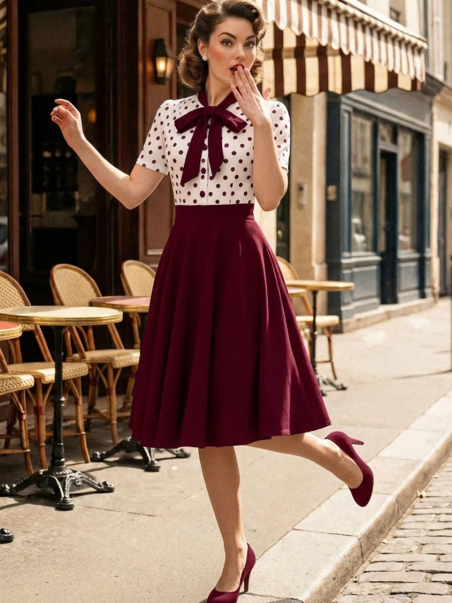 Robe trapèze rétro à pois patchwork col nœud papillon manches courtes collection 2026