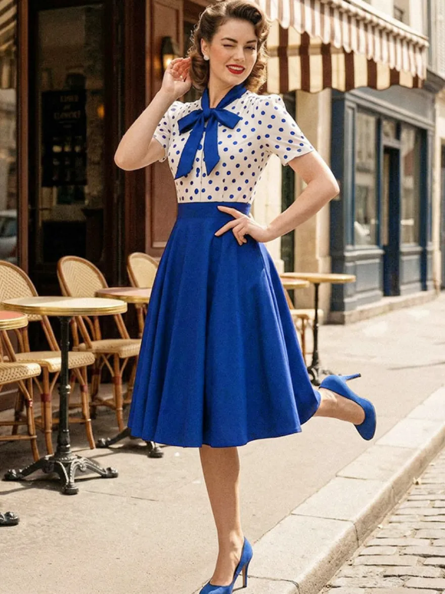 Robe trapèze rétro à pois patchwork col nœud papillon manches courtes collection 2026