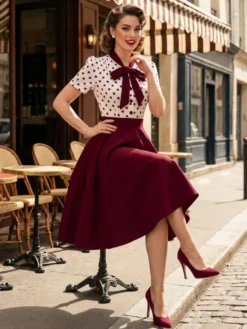 Robe trapèze rétro à pois patchwork col nœud papillon manches courtes collection 2026