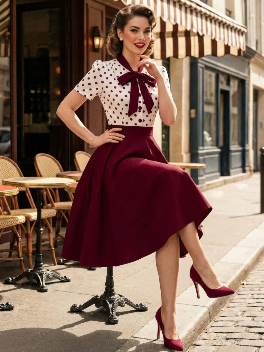 Robe trapèze rétro à pois patchwork col nœud papillon manches courtes collection 2026