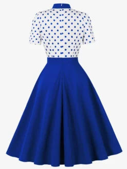 Robe trapèze rétro à pois patchwork col nœud papillon manches courtes collection 2026