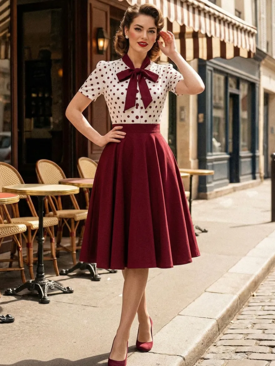 Robe trapèze rétro à pois patchwork col nœud papillon manches courtes collection 2026