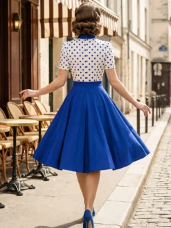 Robe trapèze rétro à pois patchwork col nœud papillon manches courtes collection 2026