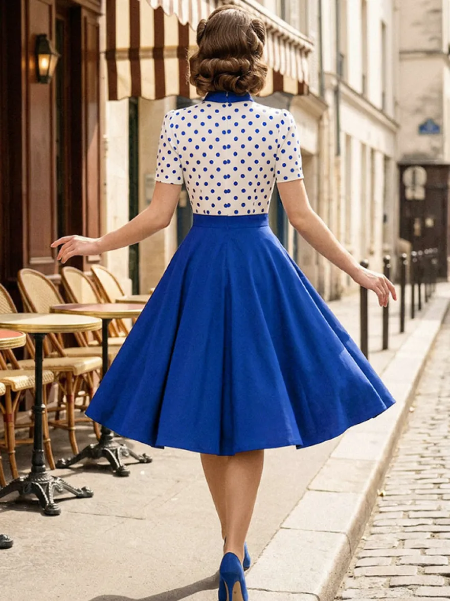 Robe trapèze rétro à pois patchwork col nœud papillon manches courtes collection 2026