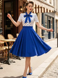 Robe trapèze rétro à pois patchwork col nœud papillon manches courtes collection 2026