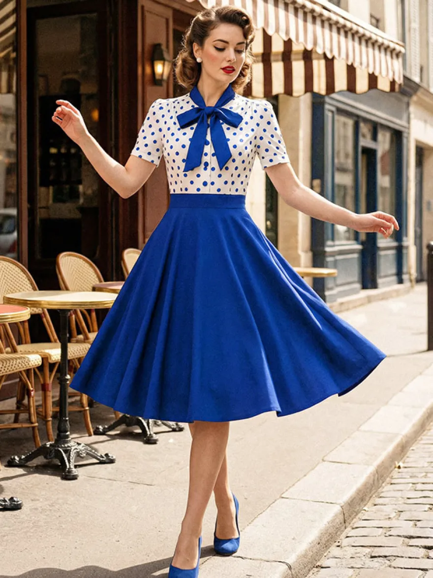 Robe trapèze rétro à pois patchwork col nœud papillon manches courtes collection 2026