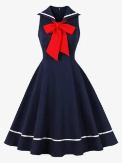 Robe trapèze rétro sans manches à col marin et nœud papillon pour femme 2026