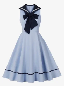 Robe trapèze rétro sans manches à col marin et nœud papillon pour femme 2026