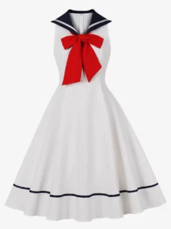 Robe trapèze rétro sans manches à col marin et nœud papillon pour femme 2026