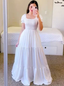 Robe trapèze smockée manches courtes volants à plusieurs niveaux robes longues d'été