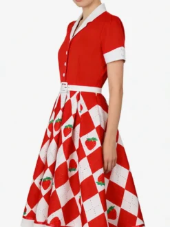 Robe trapèze vintage années 50 à imprimé fruits col contrastant manches bouffantes et ceinture