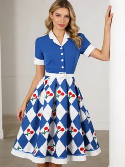 Robe trapèze vintage années 50 à imprimé fruits col contrastant manches bouffantes et ceinture