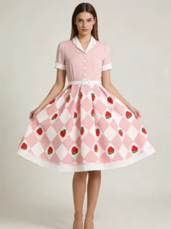 Robe trapèze vintage années 50 à imprimé fruits col contrastant manches bouffantes et ceinture