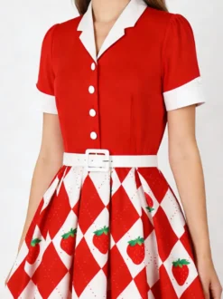 Robe trapèze vintage années 50 à imprimé fruits col contrastant manches bouffantes et ceinture