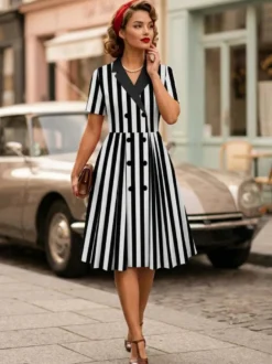 Robe trapèze vintage années 1950 pour femme - Robe midi rockabilly à double boutonnage et col à revers - Idéale pour un cocktail d'été 2026