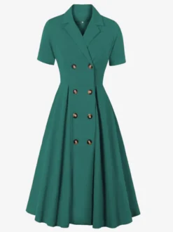 Robe trapèze vintage années 1950 pour femme - Robe midi rockabilly à double boutonnage et col à revers - Idéale pour un cocktail d'été 2026