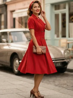 Robe trapèze vintage années 1950 pour femme - Robe midi rockabilly à double boutonnage et col à revers - Idéale pour un cocktail d'été 2026