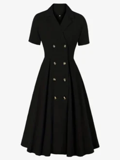 Robe trapèze vintage années 1950 pour femme - Robe midi rockabilly à double boutonnage et col à revers - Idéale pour un cocktail d'été 2026