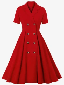 Robe trapèze vintage années 1950 pour femme - Robe midi rockabilly à double boutonnage et col à revers - Idéale pour un cocktail d'été 2026