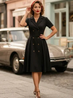 Robe trapèze vintage années 1950 pour femme - Robe midi rockabilly à double boutonnage et col à revers - Idéale pour un cocktail d'été 2026