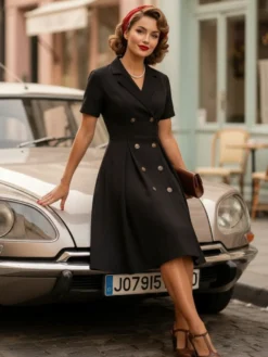 Robe trapèze vintage années 1950 pour femme - Robe midi rockabilly à double boutonnage et col à revers - Idéale pour un cocktail d'été 2026