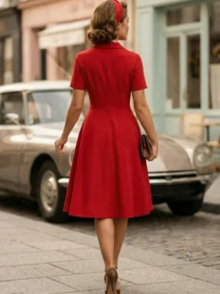 Robe trapèze vintage années 1950 pour femme - Robe midi rockabilly à double boutonnage et col à revers - Idéale pour un cocktail d'été 2026