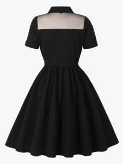 Robe trapèze vintage années 1950 pour femme col contrastant en résille fermeture boutonnée sur le devant