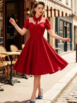 Robe trapèze vintage années 1950 pour femme col contrastant en résille fermeture boutonnée sur le devant