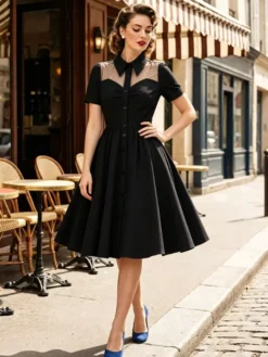 Robe trapèze vintage années 1950 pour femme col contrastant en résille fermeture boutonnée sur le devant