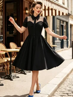 Robe trapèze vintage années 1950 pour femme col contrastant en résille fermeture boutonnée sur le devant