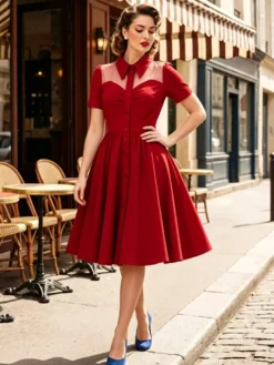 Robe trapèze vintage années 1950 pour femme col contrastant en résille fermeture boutonnée sur le devant