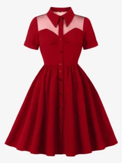 Robe trapèze vintage années 1950 pour femme col contrastant en résille fermeture boutonnée sur le devant