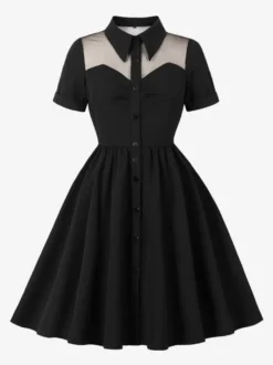 Robe trapèze vintage années 1950 pour femme col contrastant en résille fermeture boutonnée sur le devant