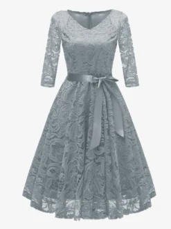 Robe trapèze vintage en dentelle pour femme - Années 1950 col en V manches 3/4 ceinture coupe midi - Invitée à un mariage de printemps 2026