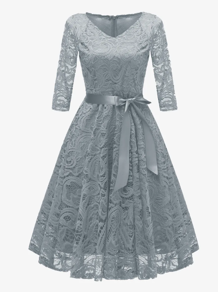 Robe trapèze vintage en dentelle pour femme - Années 1950 col en V manches 3/4 ceinture coupe midi - Invitée à un mariage de printemps 2026